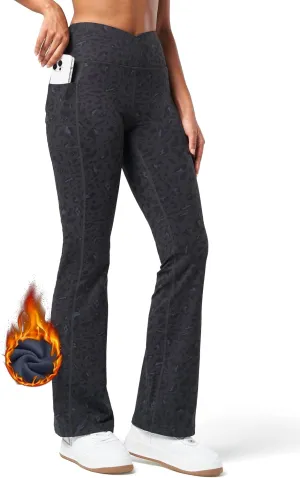 Willit Women's Fleece Lined Pants Yoga Crossover Leggings Bootcut Thermal Winter Pants Flare Leggings Water Resistant