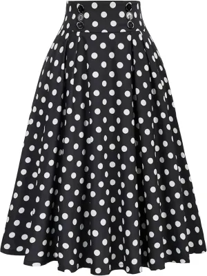 Women Boho Summer Midi Skirts High Waisted Polka Dots Button Pleated Flowy Casual Wrap Colorblock A Line Skirt