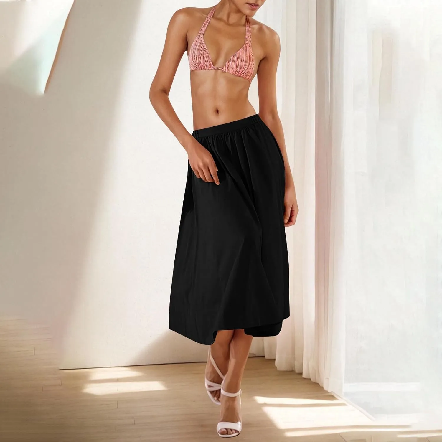 Women Casual Midi Skirt Summer Business Pleated Skirts Elastic High Waist Flowy A Line Dress Beach Vacation Clothes