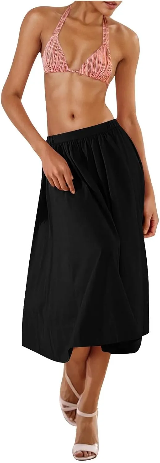 Women Casual Midi Skirt Summer Business Pleated Skirts Elastic High Waist Flowy A Line Dress Beach Vacation Clothes