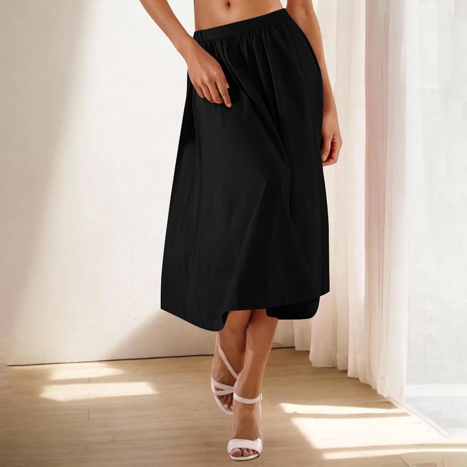 Women Casual Midi Skirt Summer Business Pleated Skirts Elastic High Waist Flowy A Line Dress Beach Vacation Clothes
