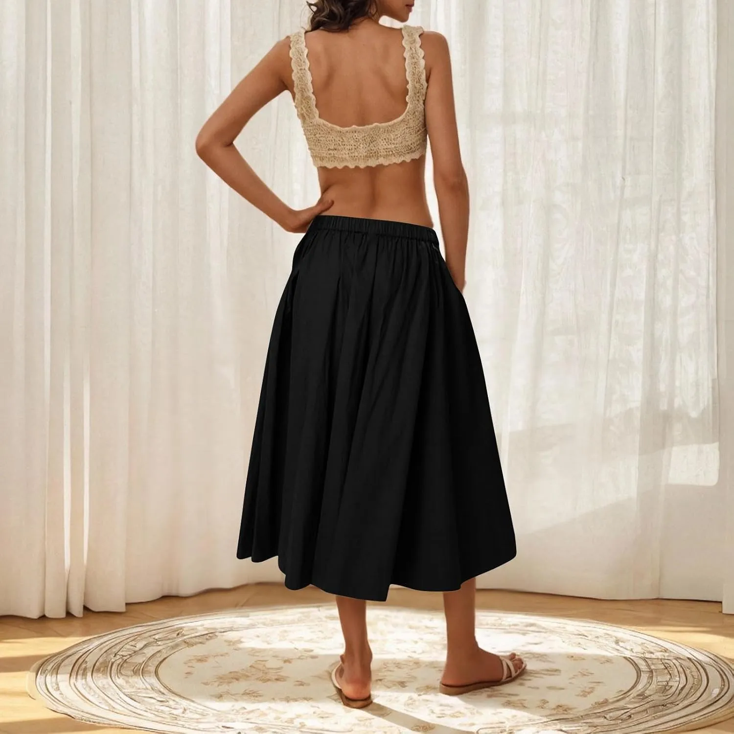 Women Casual Midi Skirt Summer Business Pleated Skirts Elastic High Waist Flowy A Line Dress Beach Vacation Clothes