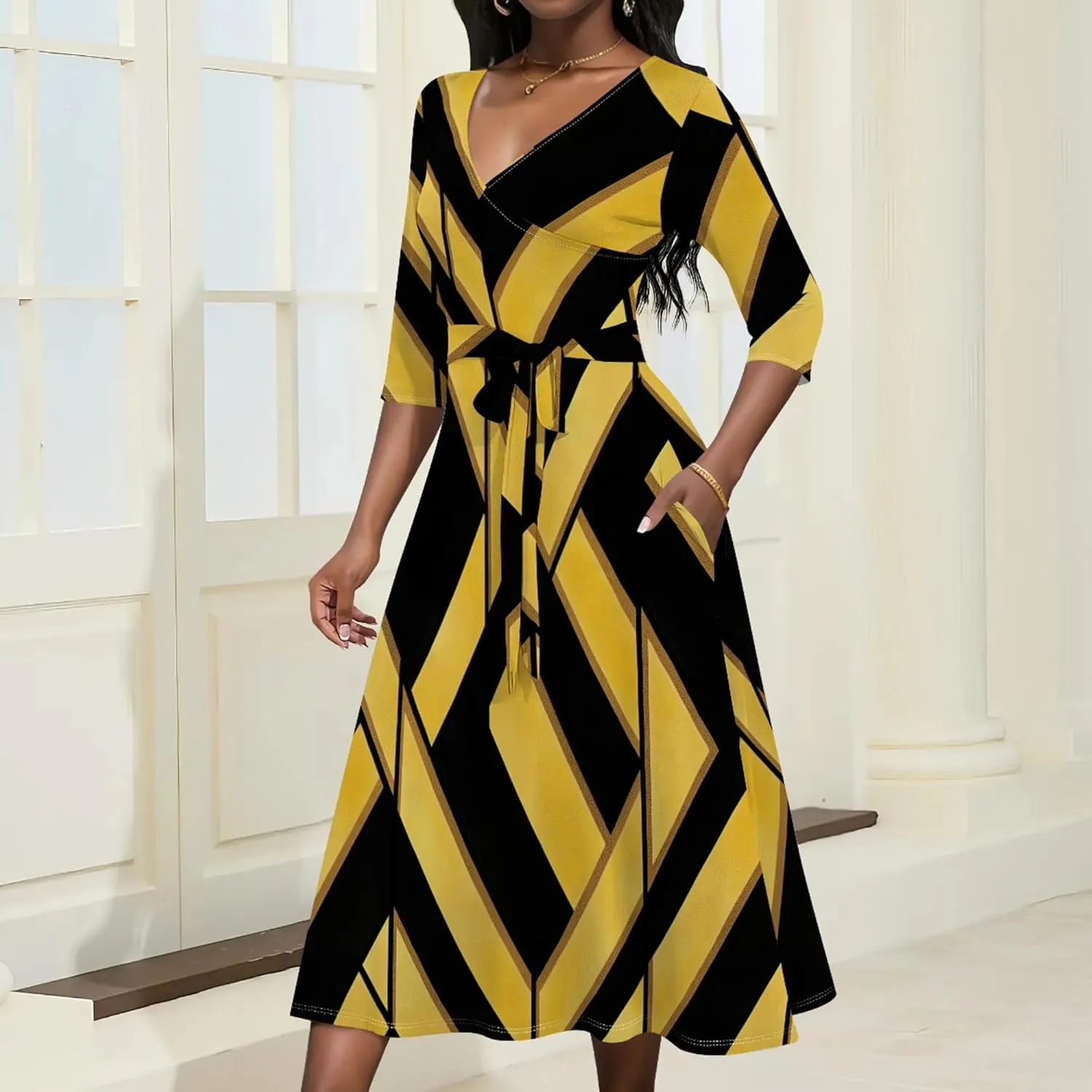 Women Fall Casual Dress 3/4 Sleeve Wrap Sundress Summer Club Party Plus Size Sexy Bodycon Midi Dresses with Pockets