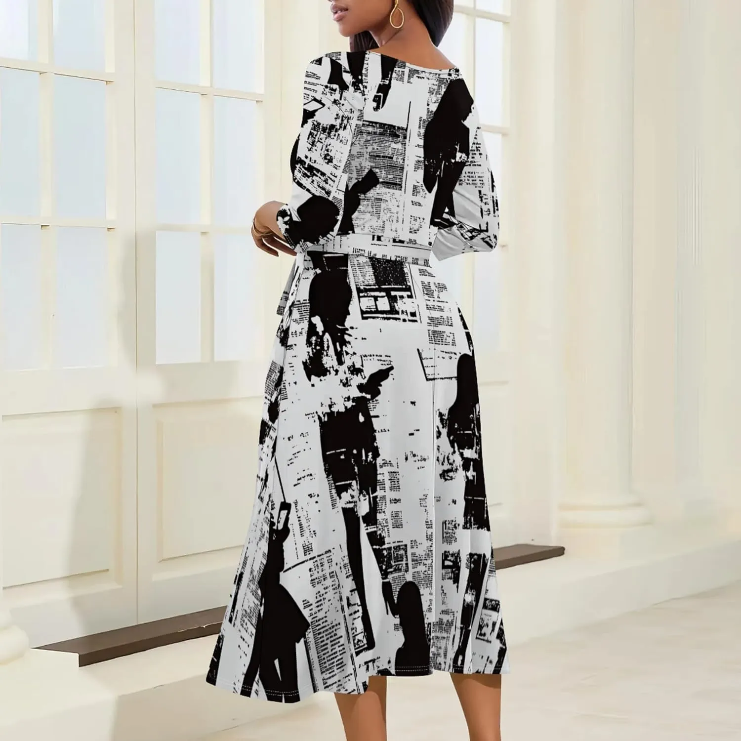 Women Fall Casual Dress 3/4 Sleeve Wrap Sundress Summer Club Party Plus Size Sexy Bodycon Midi Dresses with Pockets