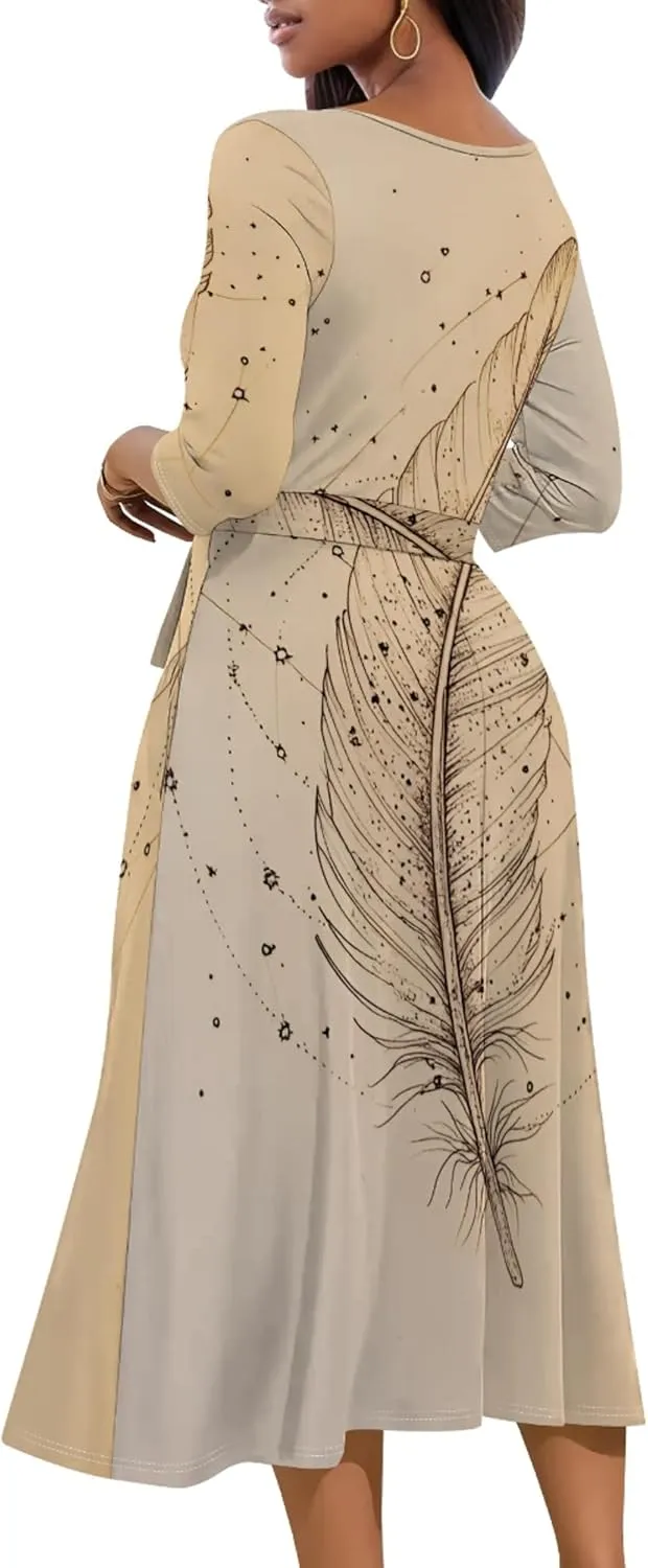 Women Fall Casual Dress 3/4 Sleeve Wrap Sundress Summer Club Party Plus Size Sexy Bodycon Midi Dresses with Pockets