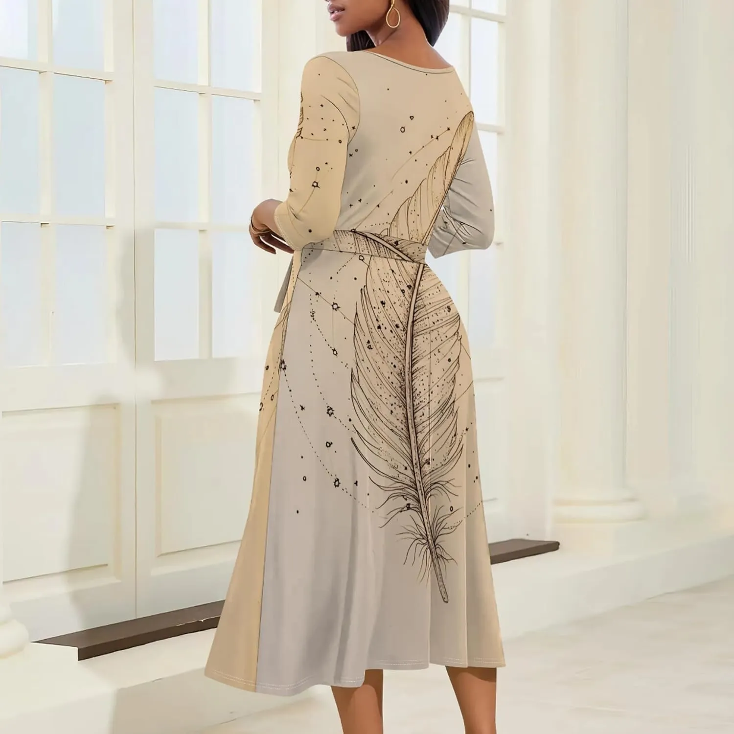 Women Fall Casual Dress 3/4 Sleeve Wrap Sundress Summer Club Party Plus Size Sexy Bodycon Midi Dresses with Pockets