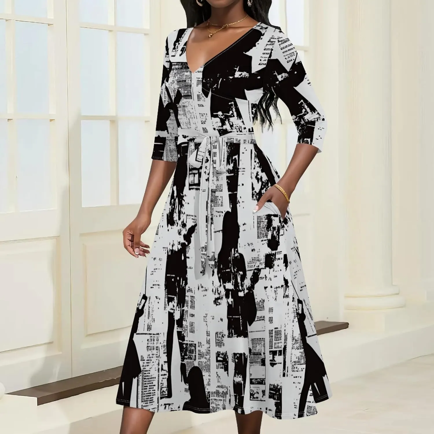 Women Fall Casual Dress 3/4 Sleeve Wrap Sundress Summer Club Party Plus Size Sexy Bodycon Midi Dresses with Pockets