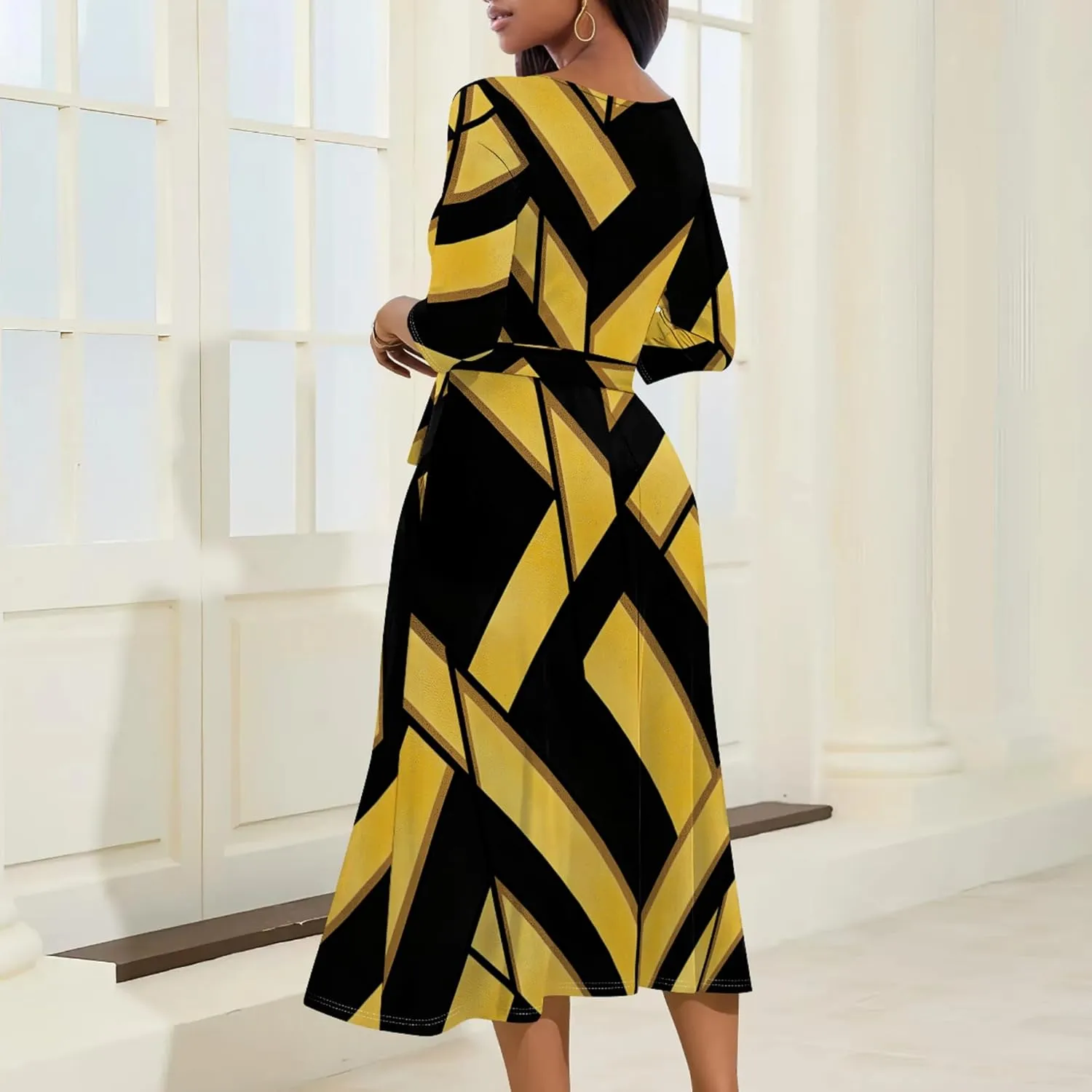 Women Fall Casual Dress 3/4 Sleeve Wrap Sundress Summer Club Party Plus Size Sexy Bodycon Midi Dresses with Pockets