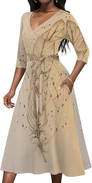 Women Fall Casual Dress 3/4 Sleeve Wrap Sundress Summer Club Party Plus Size Sexy Bodycon Midi Dresses with Pockets
