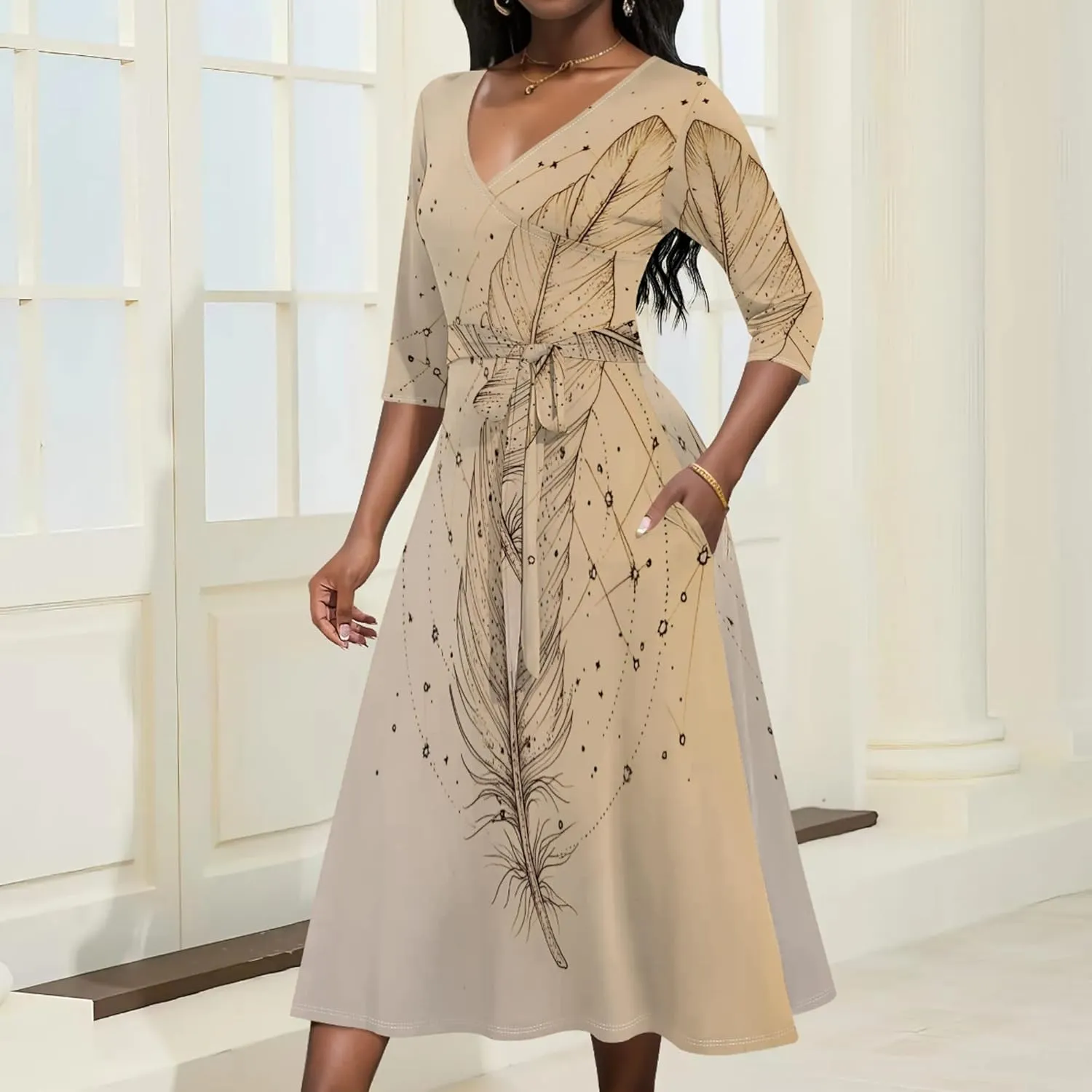 Women Fall Casual Dress 3/4 Sleeve Wrap Sundress Summer Club Party Plus Size Sexy Bodycon Midi Dresses with Pockets