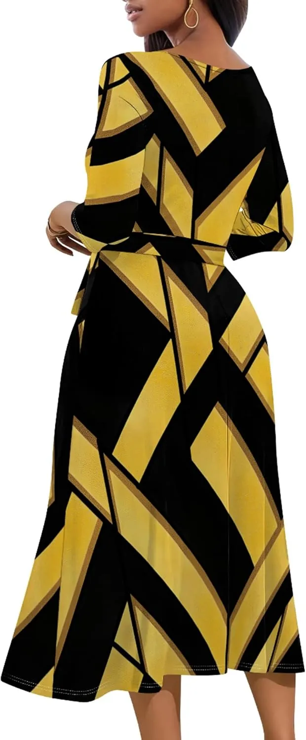 Women Fall Casual Dress 3/4 Sleeve Wrap Sundress Summer Club Party Plus Size Sexy Bodycon Midi Dresses with Pockets