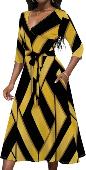 Women Fall Casual Dress 3/4 Sleeve Wrap Sundress Summer Club Party Plus Size Sexy Bodycon Midi Dresses with Pockets