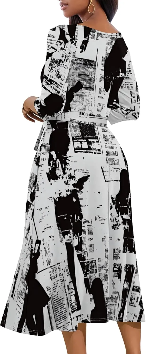 Women Fall Casual Dress 3/4 Sleeve Wrap Sundress Summer Club Party Plus Size Sexy Bodycon Midi Dresses with Pockets