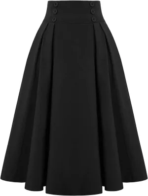 Women Fashion Casual Midi Skirt With Pockets Solid athletic Skirt A-line plus size Vintage High Waist Pleated Skirt