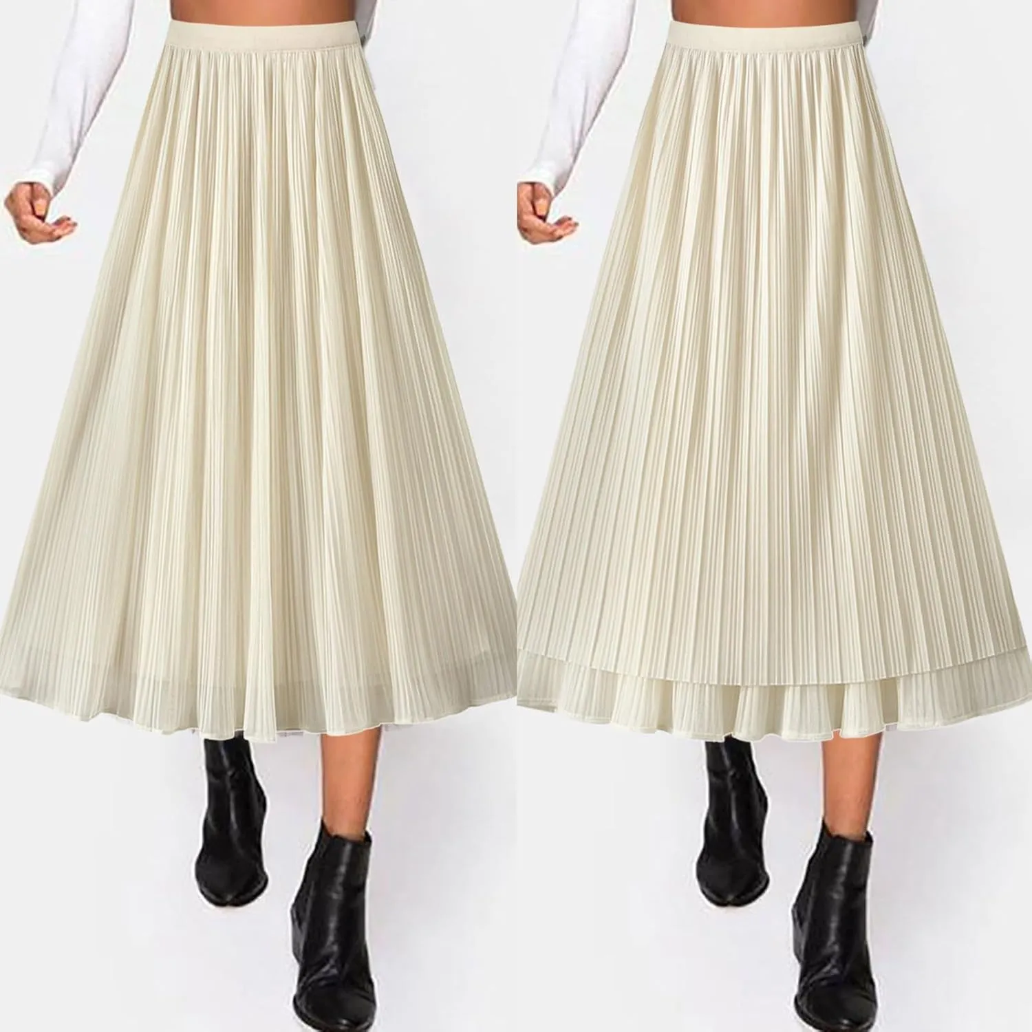 Women High Elastic Waist Pleated Chiffon Skirt Midi Swing A-line Skirts Elastic Waist Knee Length Half Dress