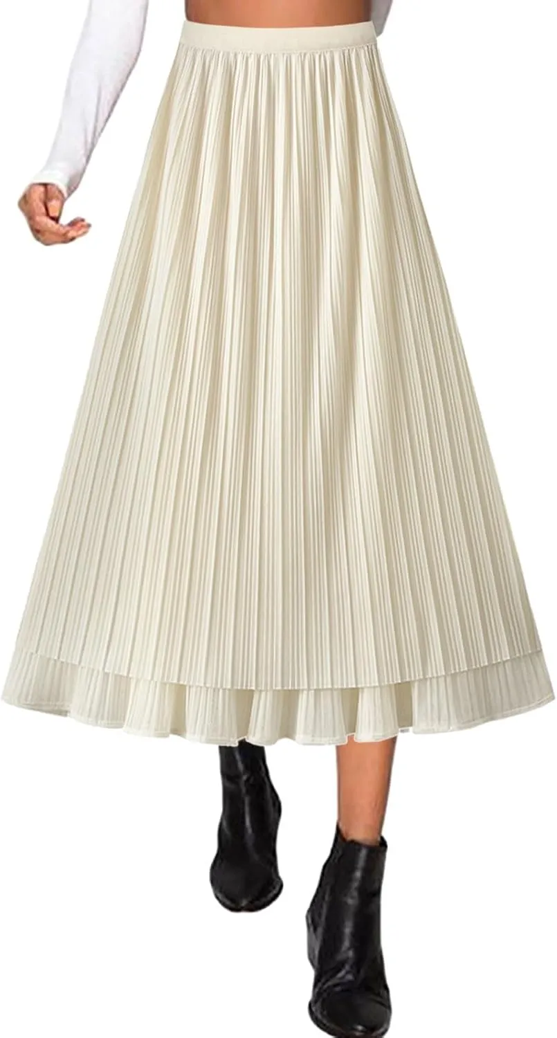 Women High Elastic Waist Pleated Chiffon Skirt Midi Swing A-line Skirts Elastic Waist Knee Length Half Dress