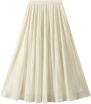 Women High Elastic Waist Pleated Chiffon Skirt Midi Swing A-line Skirts Elastic Waist Knee Length Half Dress