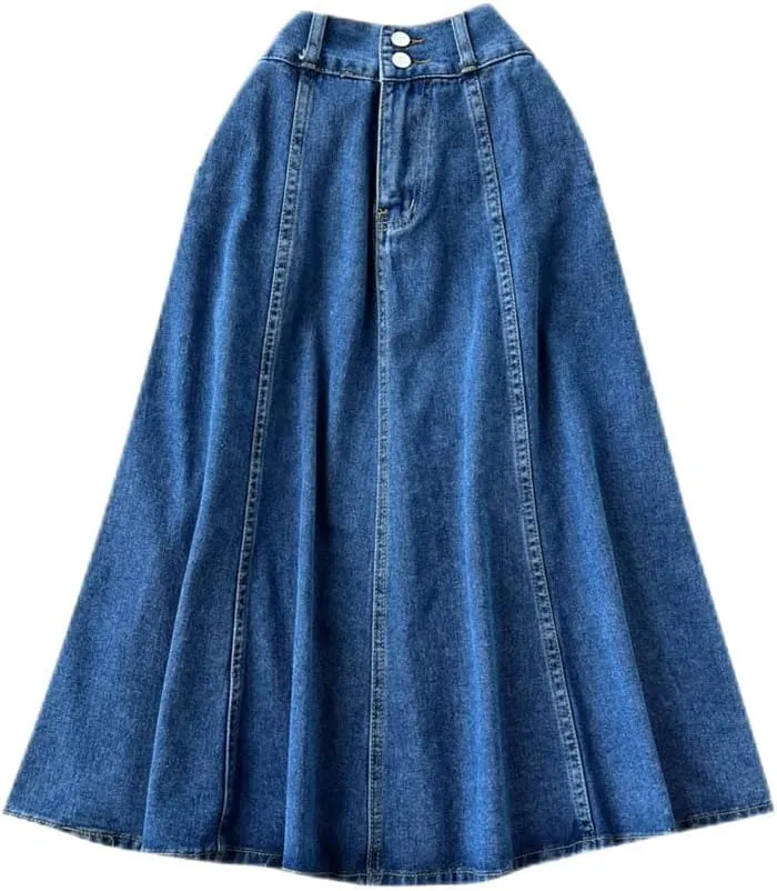 Women High Waist Denim Skirts A Line Casual High Elastic Waist Midi Pleated Button Jeans Skirt