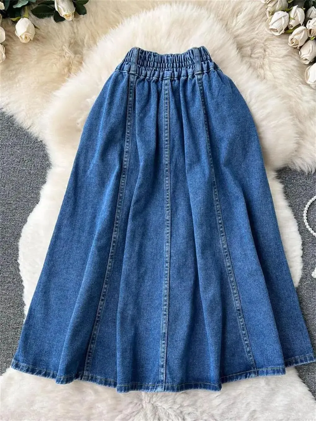Women High Waist Denim Skirts A Line Casual High Elastic Waist Midi Pleated Button Jeans Skirt