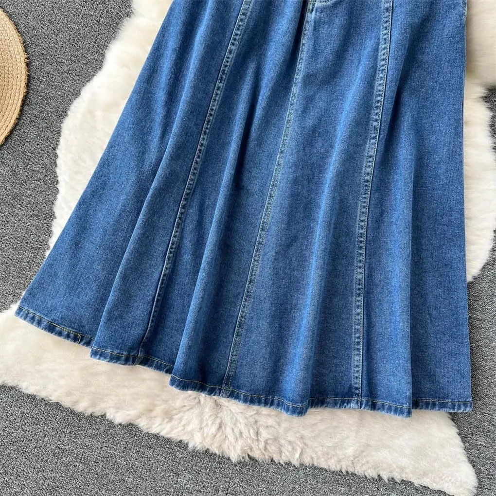 Women High Waist Denim Skirts A Line Casual High Elastic Waist Midi Pleated Button Jeans Skirt