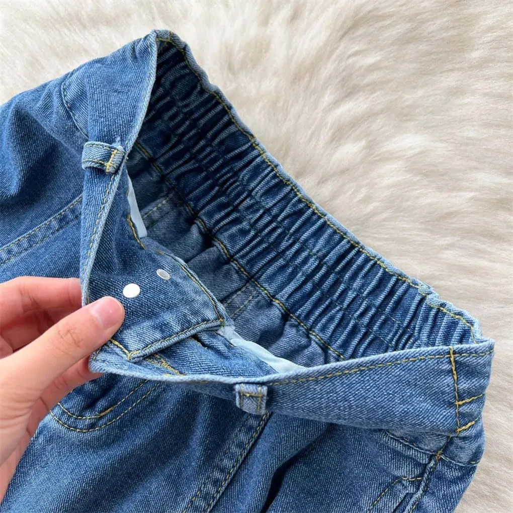 Women High Waist Denim Skirts A Line Casual High Elastic Waist Midi Pleated Button Jeans Skirt