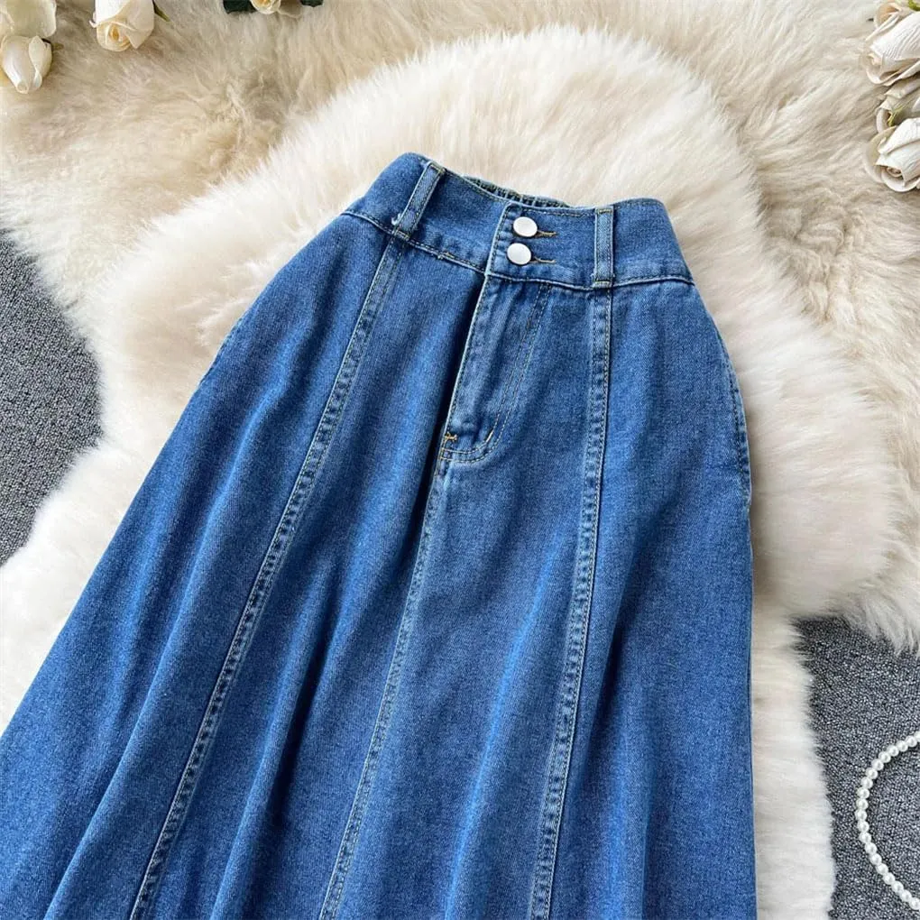 Women High Waist Denim Skirts A Line Casual High Elastic Waist Midi Pleated Button Jeans Skirt