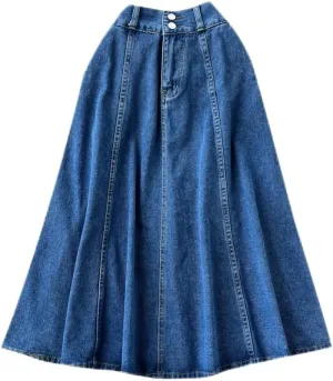 Women High Waist Denim Skirts A Line Casual High Elastic Waist Midi Pleated Button Jeans Skirt