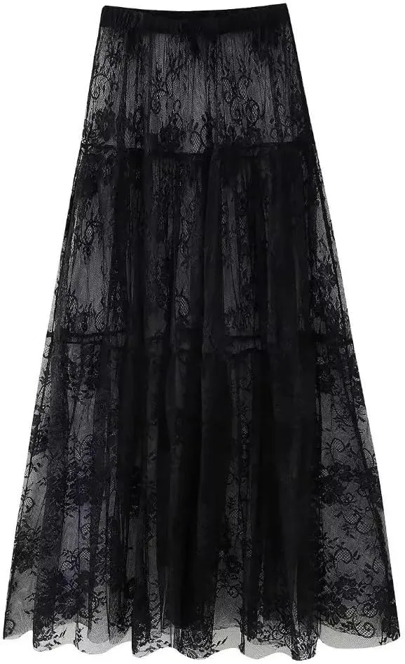 Women Lace Mesh Maxi Long Skirt Black Elastic High Waisted A Line Casual Swing Skirts