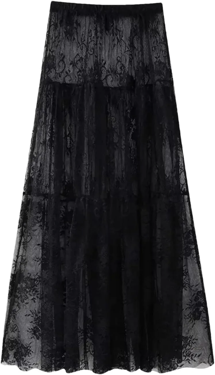 Women Lace Mesh Maxi Long Skirt Black Elastic High Waisted A Line Casual Swing Skirts