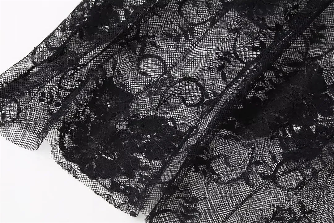 Women Lace Mesh Maxi Long Skirt Black Elastic High Waisted A Line Casual Swing Skirts