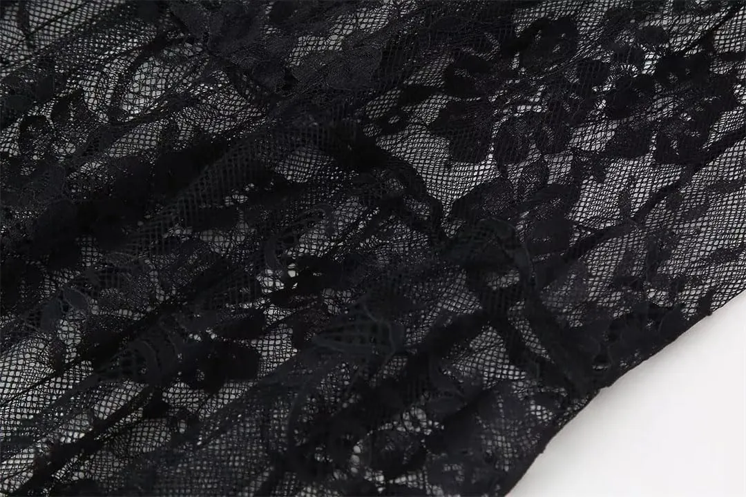 Women Lace Mesh Maxi Long Skirt Black Elastic High Waisted A Line Casual Swing Skirts