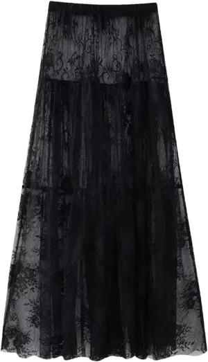 Women Lace Mesh Maxi Long Skirt Black Elastic High Waisted A Line Casual Swing Skirts