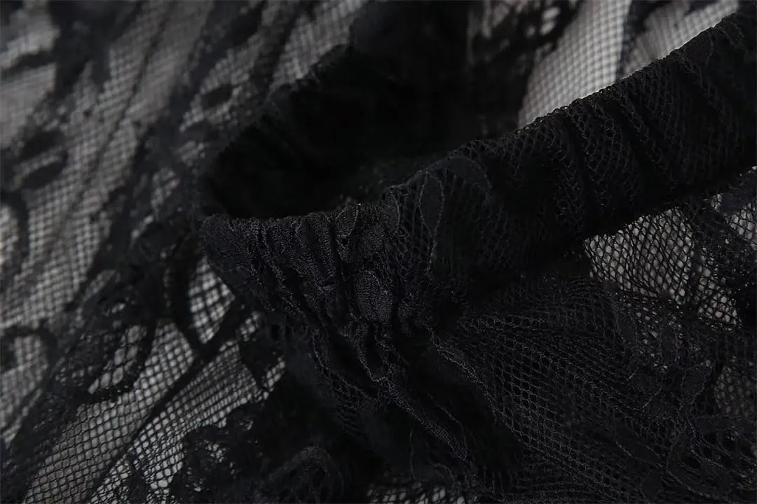 Women Lace Mesh Maxi Long Skirt Black Elastic High Waisted A Line Casual Swing Skirts