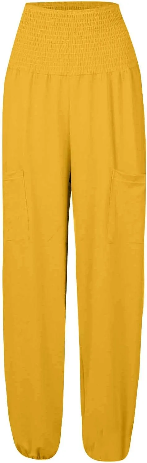 Women Linen Blend Summer Striped Pants Elastic Waisted Long Lounge Loose Fit Pants Business Work