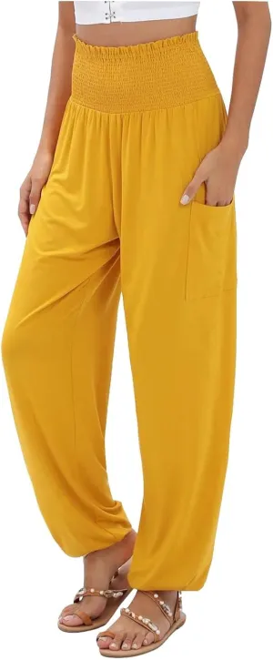 Women Linen Blend Summer Striped Pants Elastic Waisted Long Lounge Loose Fit Pants Business Work