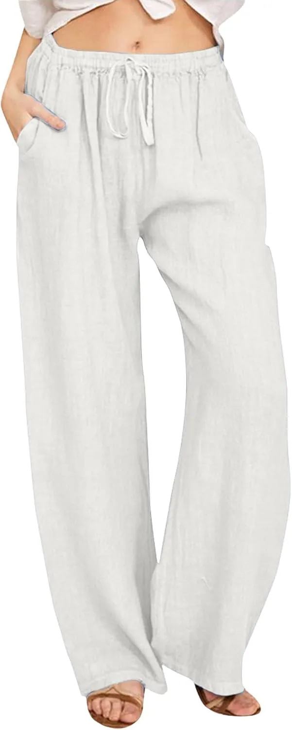 Women Linen Palazzo Pants Summer Cotton Flowy Pants Drawstring Wide Leg Lightweight Pants Cute Beach Loose Trousers