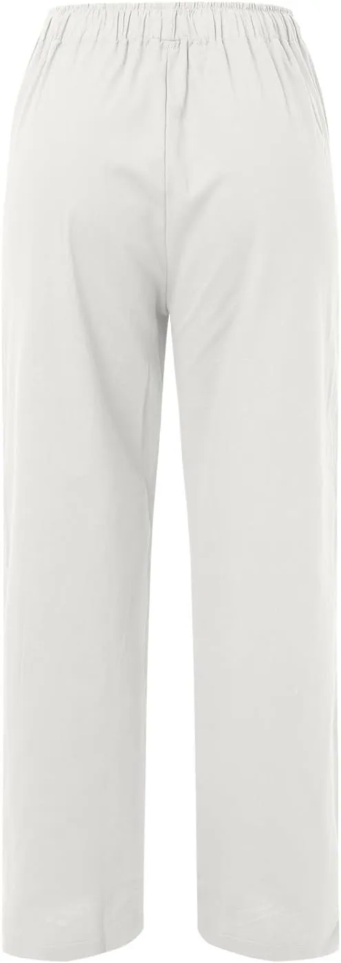 Women Linen Palazzo Pants Summer Cotton Flowy Pants Drawstring Wide Leg Lightweight Pants Cute Beach Loose Trousers