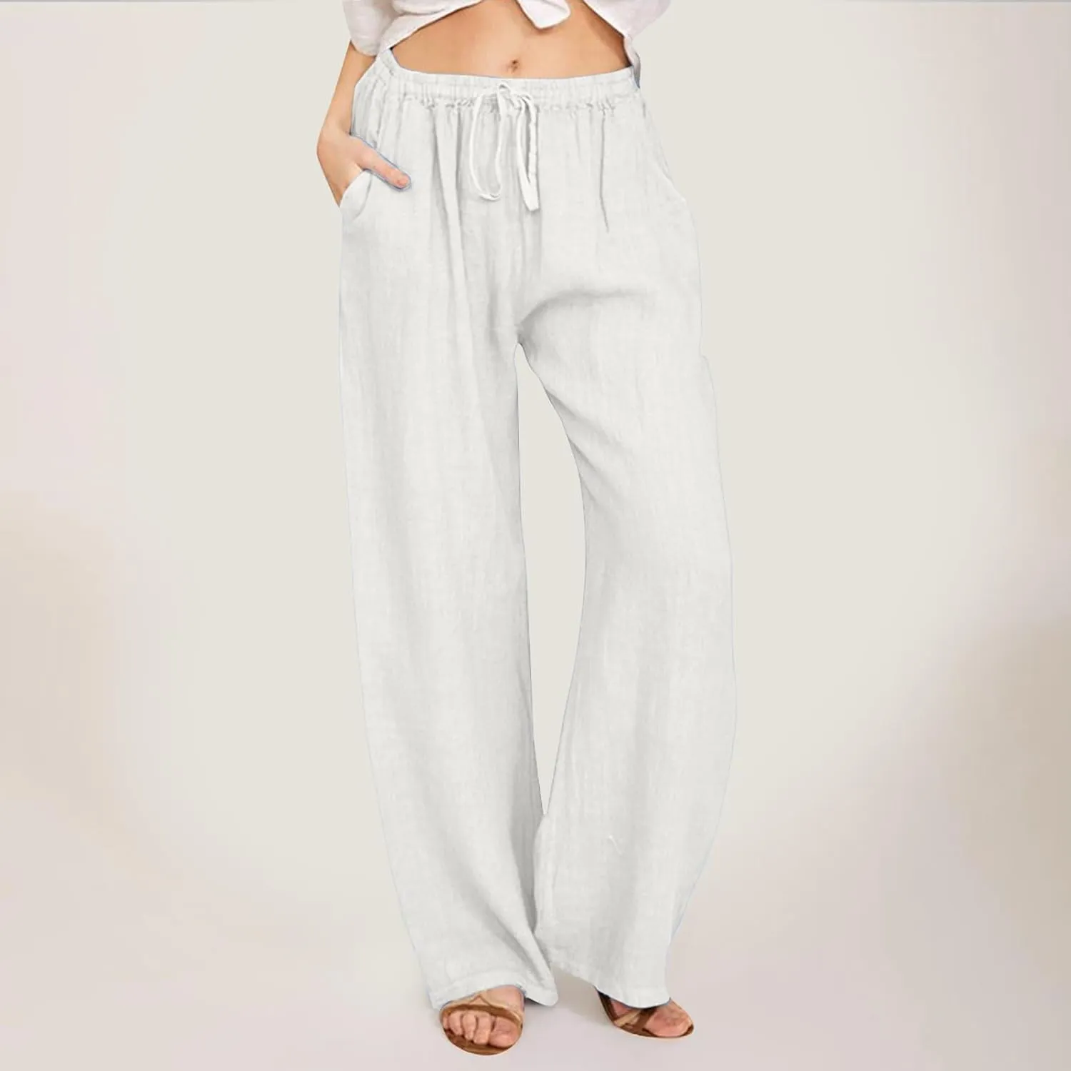 Women Linen Palazzo Pants Summer Cotton Flowy Pants Drawstring Wide Leg Lightweight Pants Cute Beach Loose Trousers