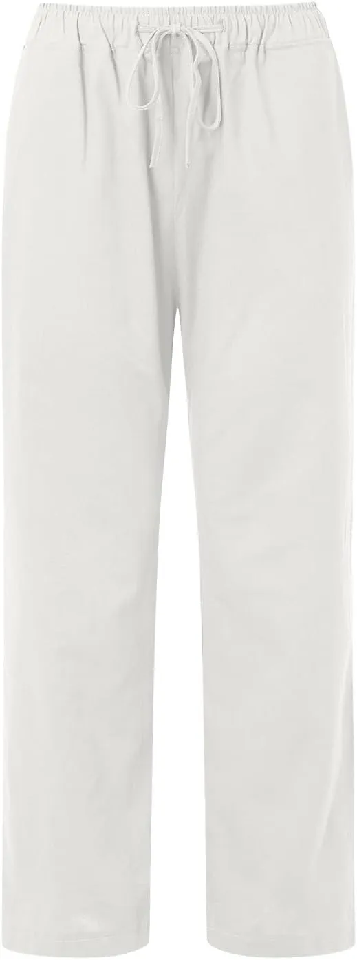 Women Linen Palazzo Pants Summer Cotton Flowy Pants Drawstring Wide Leg Lightweight Pants Cute Beach Loose Trousers