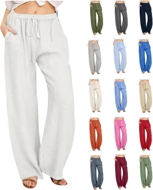Women Linen Palazzo Pants Summer Cotton Flowy Pants Drawstring Wide Leg Lightweight Pants Cute Beach Loose Trousers
