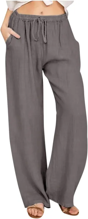 Women Long Linen Pants Casual Loose High Waist Drawstring Wide Leg Palazzo Pants Trousers with Pockets Baggy Slacks