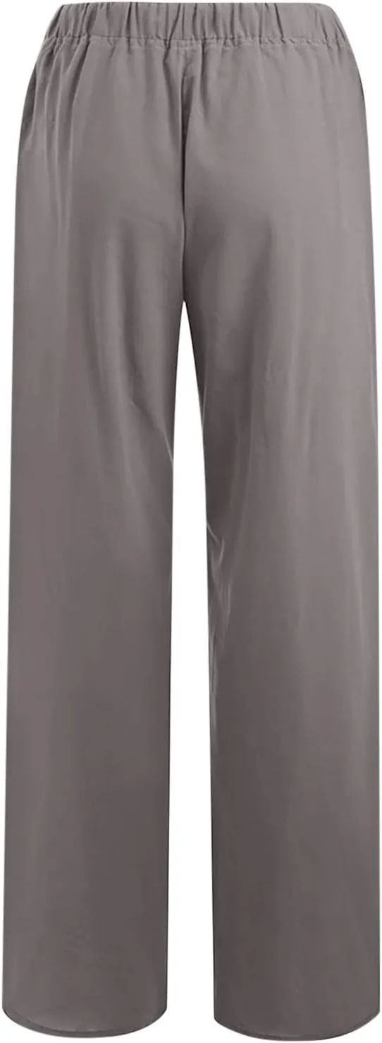 Women Long Linen Pants Casual Loose High Waist Drawstring Wide Leg Palazzo Pants Trousers with Pockets Baggy Slacks