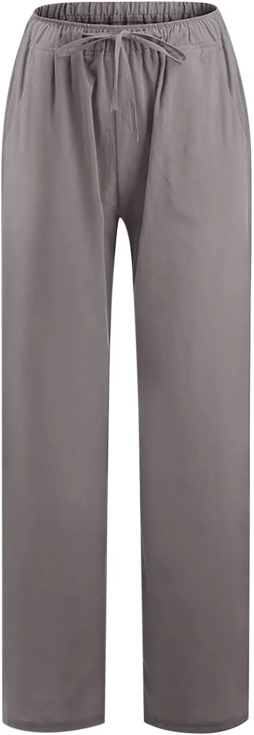 Women Long Linen Pants Casual Loose High Waist Drawstring Wide Leg Palazzo Pants Trousers with Pockets Baggy Slacks