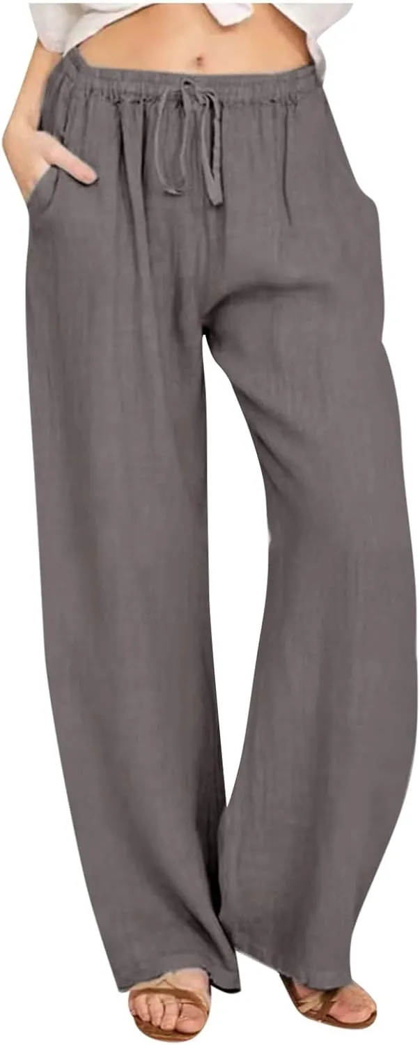 Women Long Linen Pants Casual Loose High Waist Drawstring Wide Leg Palazzo Pants Trousers with Pockets Baggy Slacks