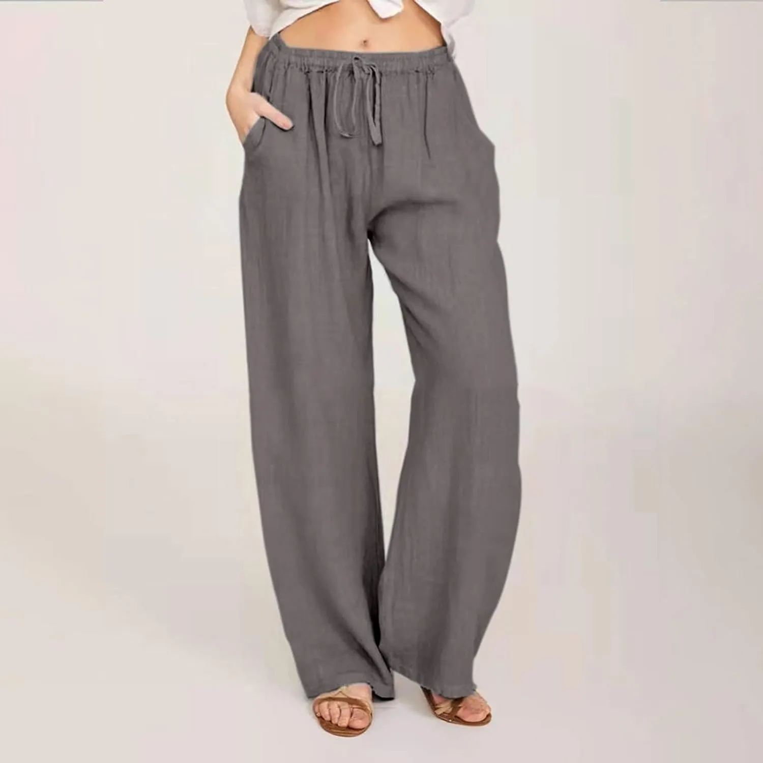 Women Long Linen Pants Casual Loose High Waist Drawstring Wide Leg Palazzo Pants Trousers with Pockets Baggy Slacks