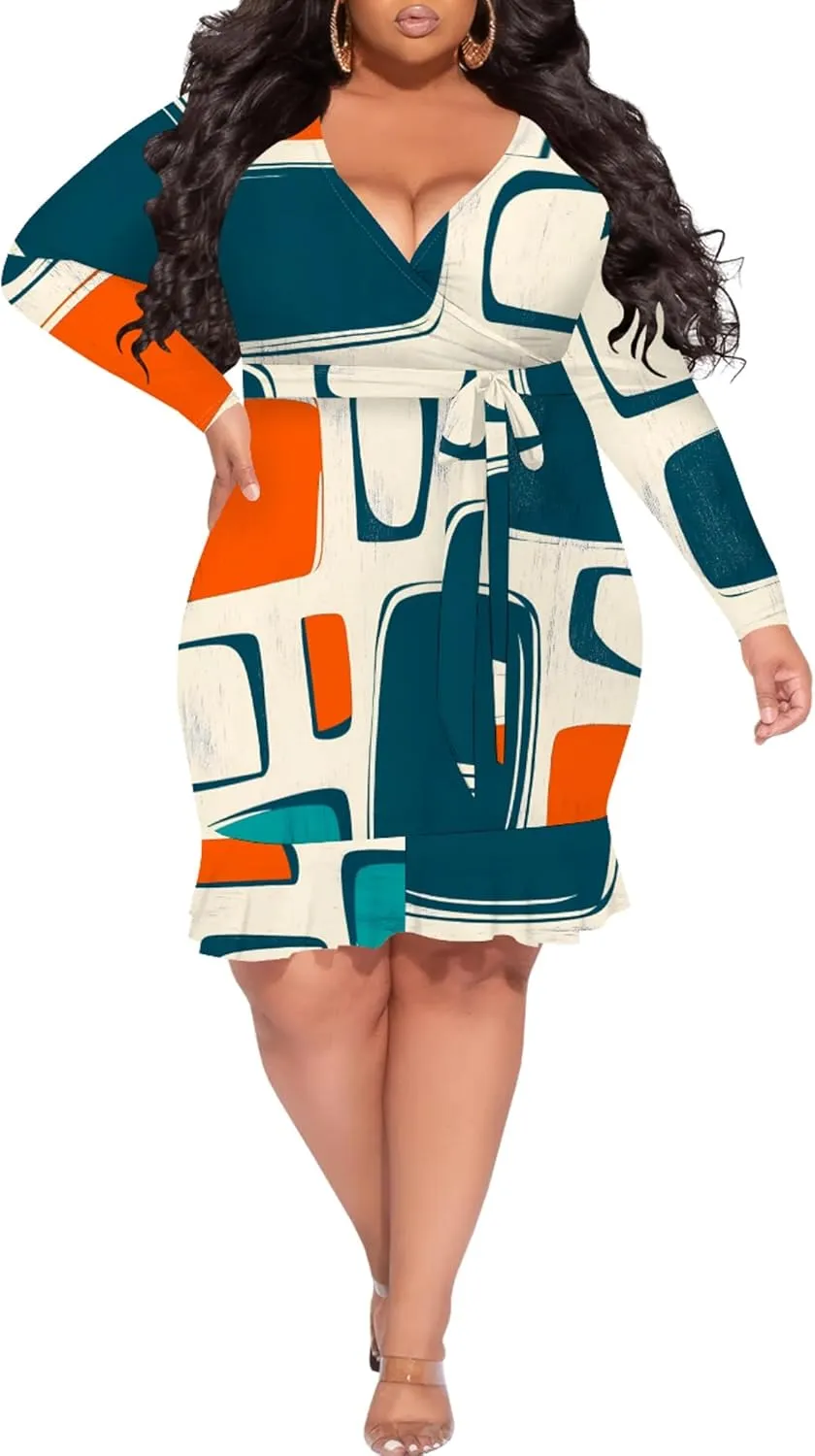 Women Midi Dress Long Sleeves Floral Printed Cocktail Party Club T Shirt Sundress Curvy Wrap Sexy Dresses High Waiste