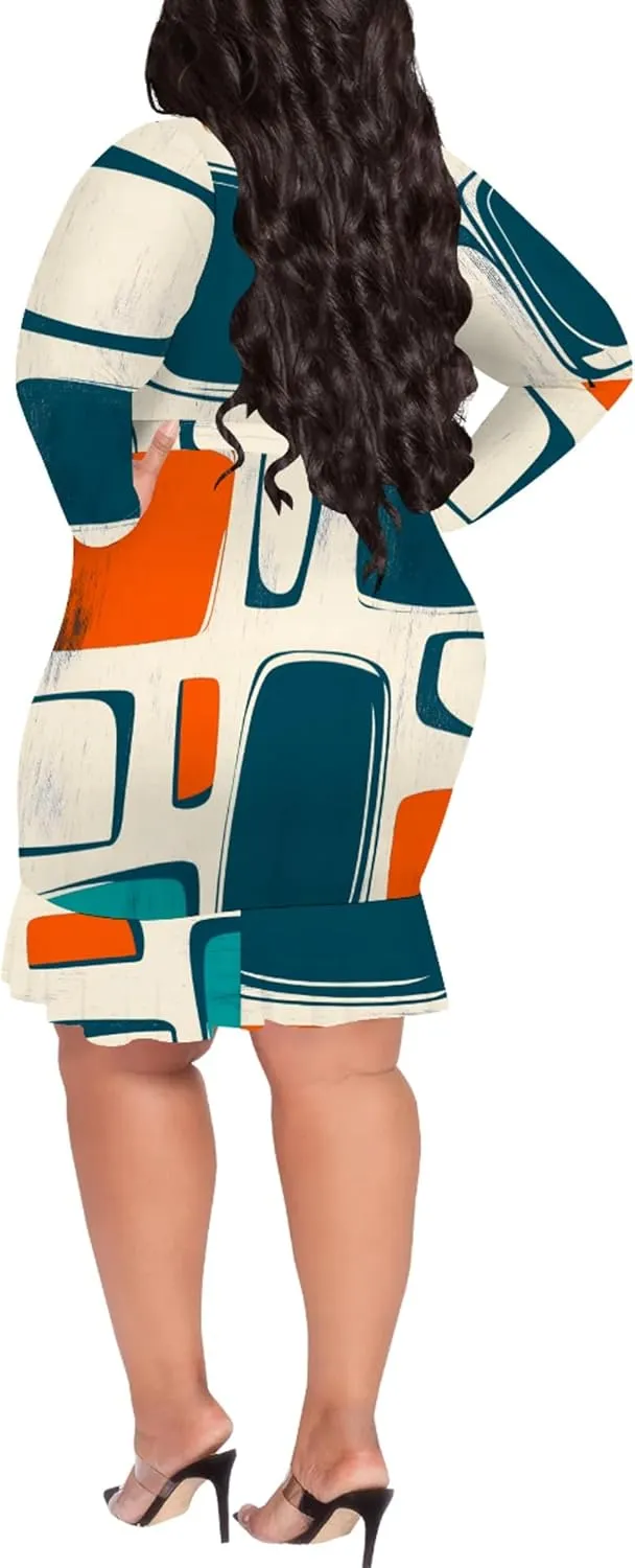 Women Midi Dress Long Sleeves Floral Printed Cocktail Party Club T Shirt Sundress Curvy Wrap Sexy Dresses High Waiste