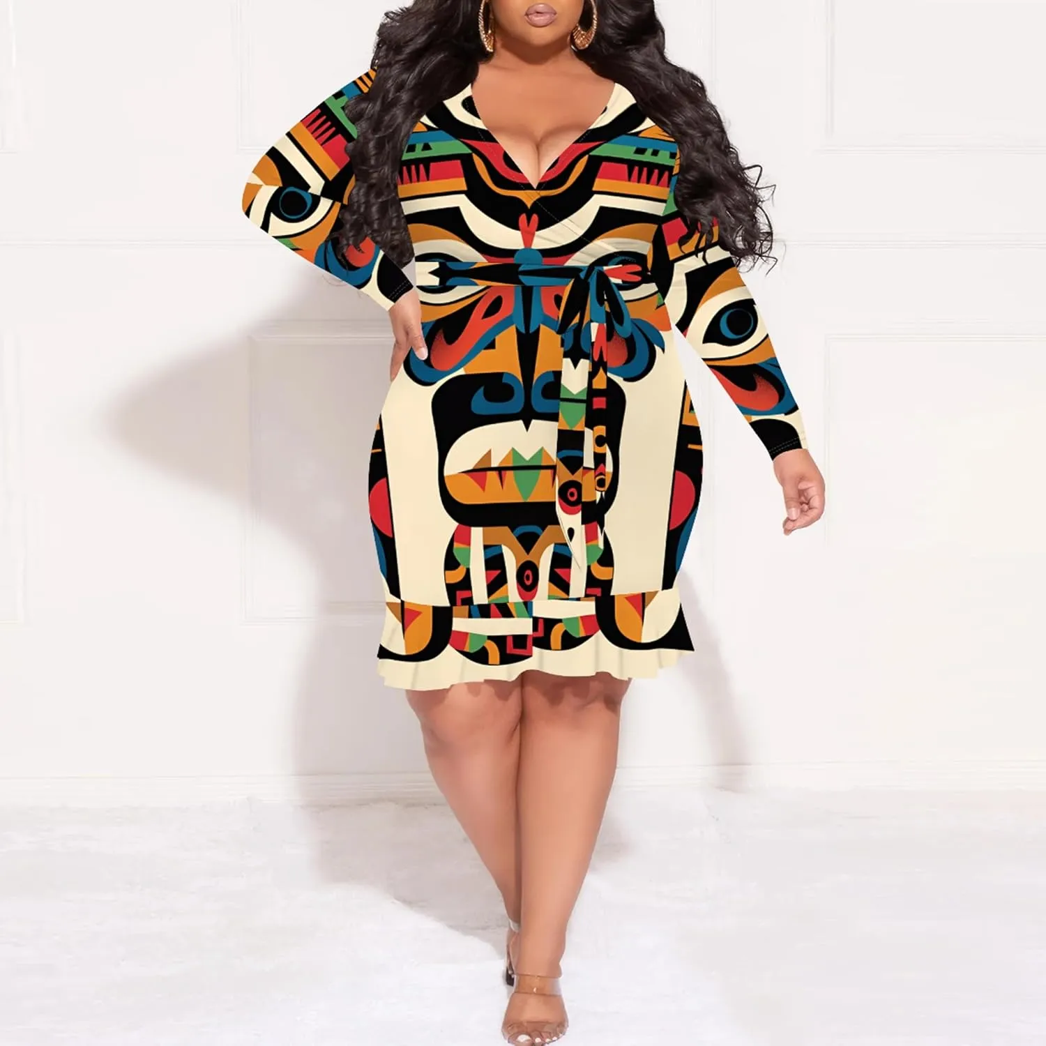 Women Midi Dress Long Sleeves Floral Printed Cocktail Party Club T Shirt Sundress Curvy Wrap Sexy Dresses High Waiste