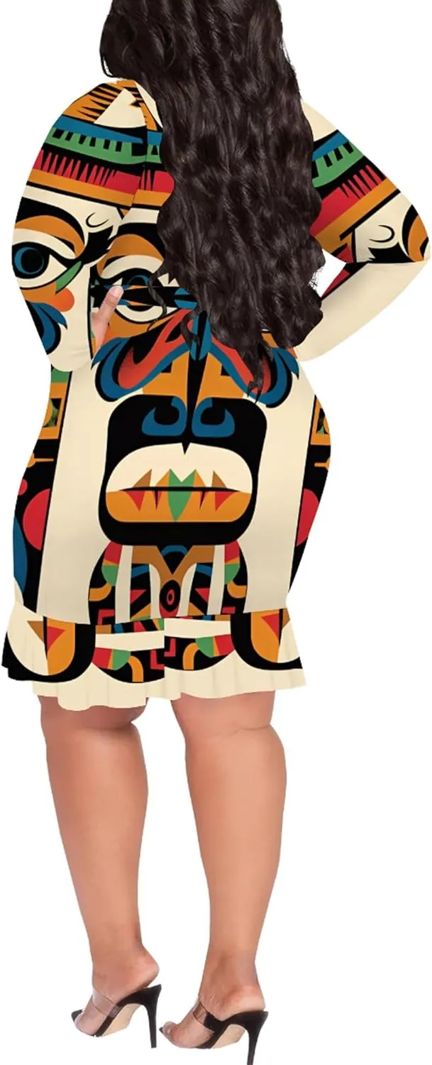 Women Midi Dress Long Sleeves Floral Printed Cocktail Party Club T Shirt Sundress Curvy Wrap Sexy Dresses High Waiste