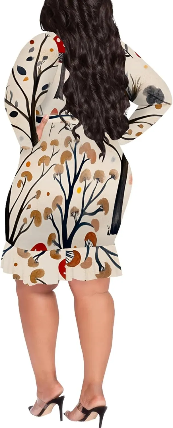 Women Midi Dress Long Sleeves Floral Printed Cocktail Party Club T Shirt Sundress Curvy Wrap Sexy Dresses High Waiste